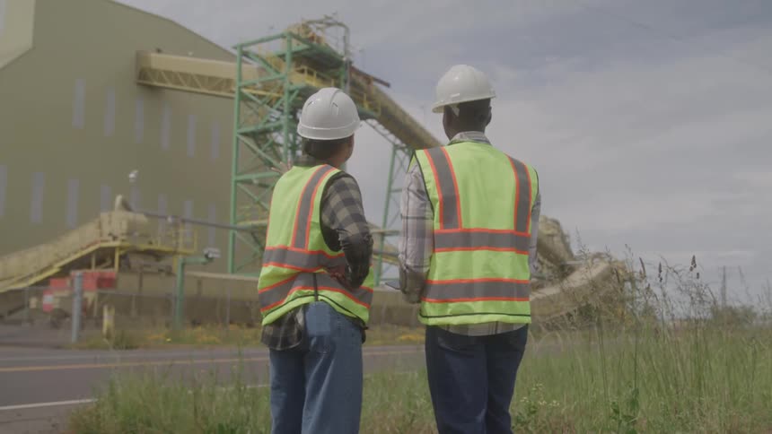 A man and a woman wearing reflective safety vests and hard hats stand side by side observing an industrial facility