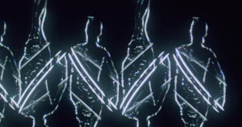 Human shaped figures outlined in white are partially over written by white lines as they move against a black background