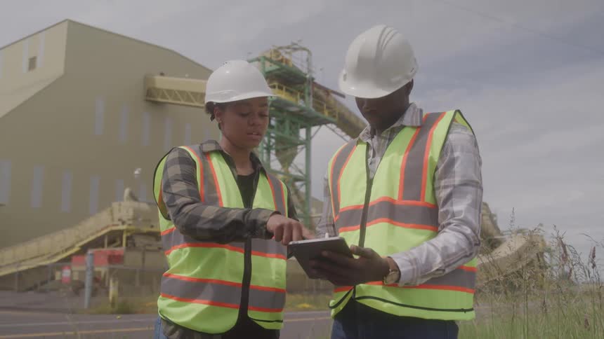Coworkers are standing outside near a large industrial building both wearing white hard hats and bright green safety vests with orange stripes as they look at and discuss something on a black tablet