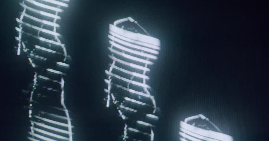 Stylized digital silhouettes depict human figures with raised arms in a luminous effect