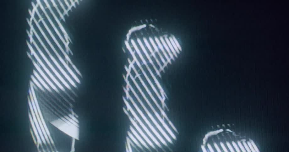 Glowing stylized silhouettes in white light tones against a dark background