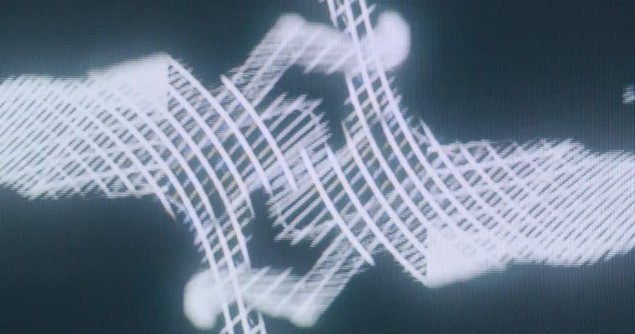 A glowing waveform in human form ripples across a dark screen