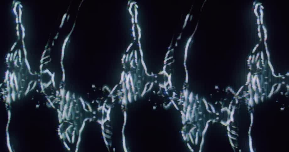 Glowing digital hands clasp in a looping holographic pattern