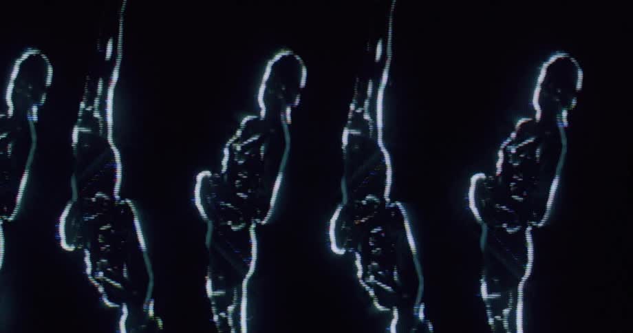Digitized figure shows stylized human silhouettes with light distortion effect