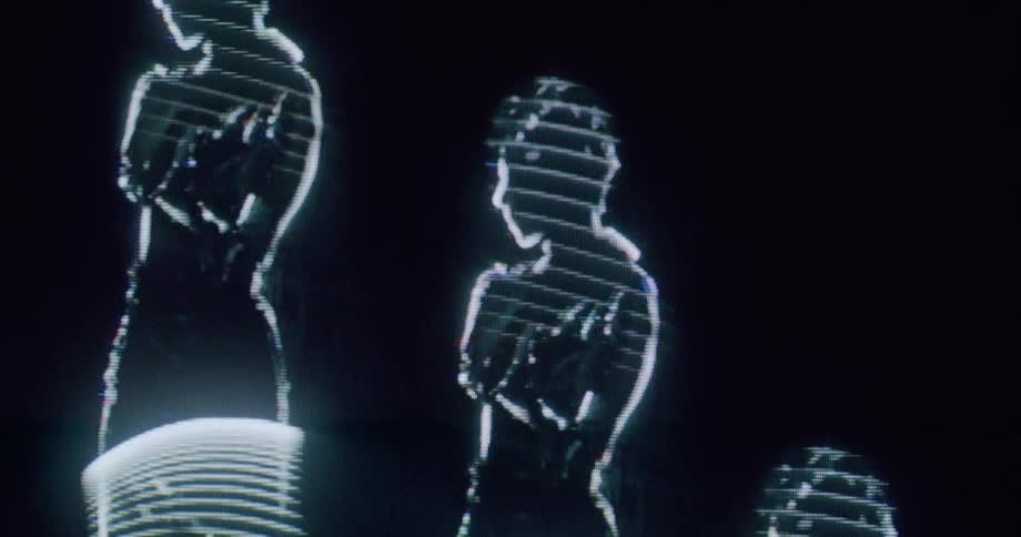 Female shapes outlined in white move in tandem while white lines flow over them