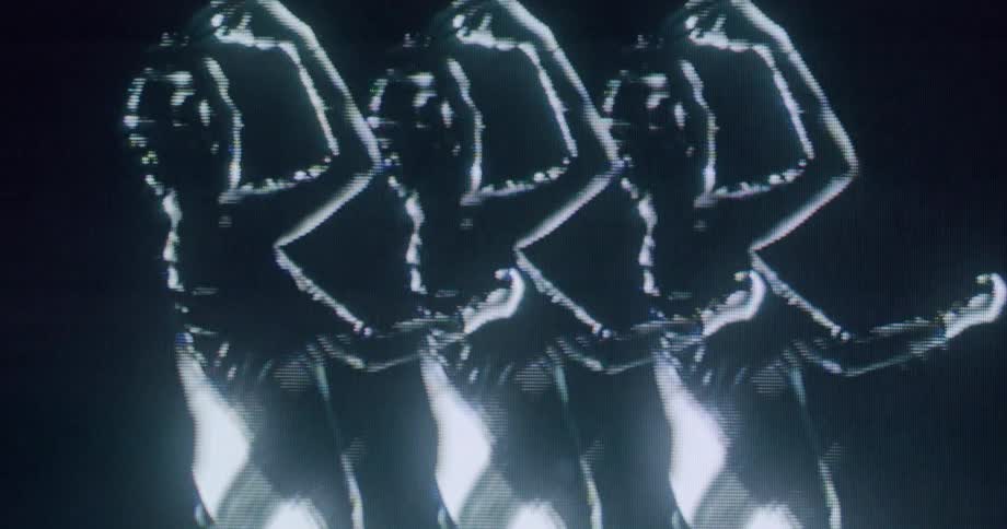 Illuminated silhouettes in sequence depict human figures with raised arms in motion