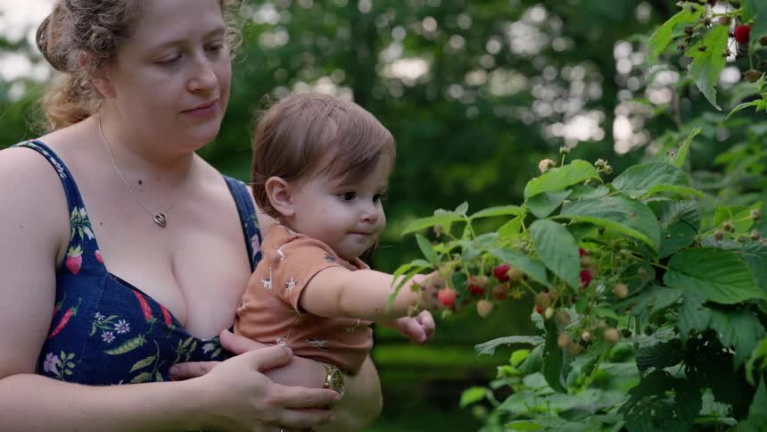 A mother helps her baby pick berries from a bush