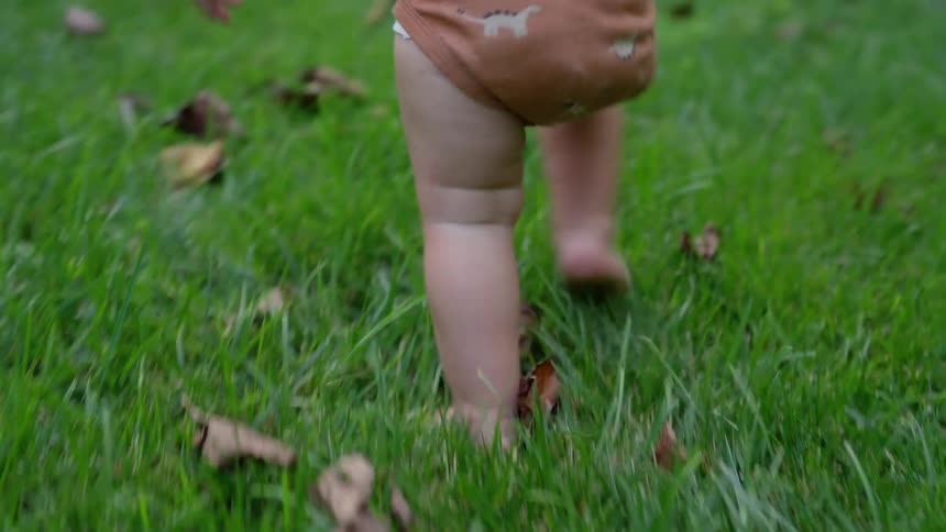 A white baby in a brown cloth diaper walks quickly but unsteadily through grass with dead leaves laying all about