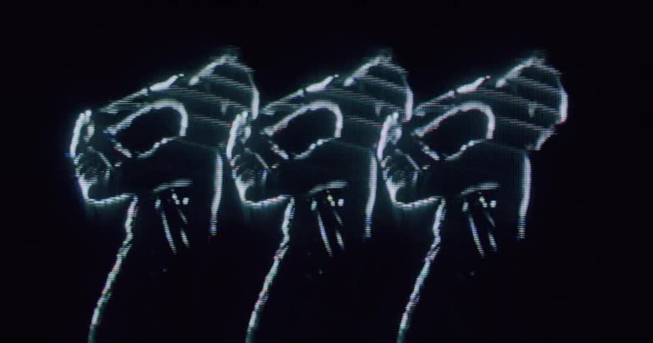 A purposely glitchy and vintage hologram repeated three times side by side of a woman dancing