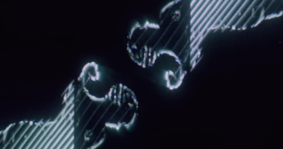 A digital visualization of two human forms is shown in a dark setting with the forms outlined by thin light colored lines that move and undulate around them