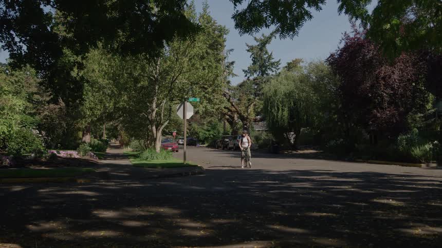 A person on a bicycle signals a turn with their hand as they arrive at an intersection stops at the stop sign looks to see if theres any oncoming traffic then makes the turn