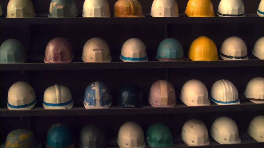 The shelves are full of hard hats