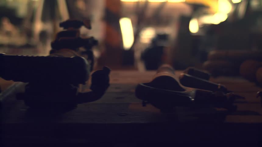 Many tools on a bench in a workshop