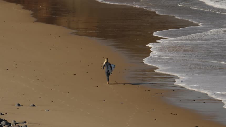 Woman walking alone on the beach carrying a surfboard
