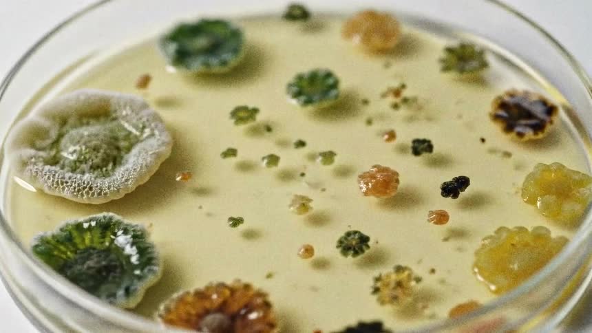 Different types of bacteria bloom like flowers in a petri dish