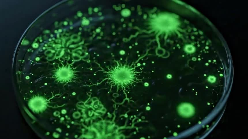 Green shapes appear on a petri dish which starts spinning