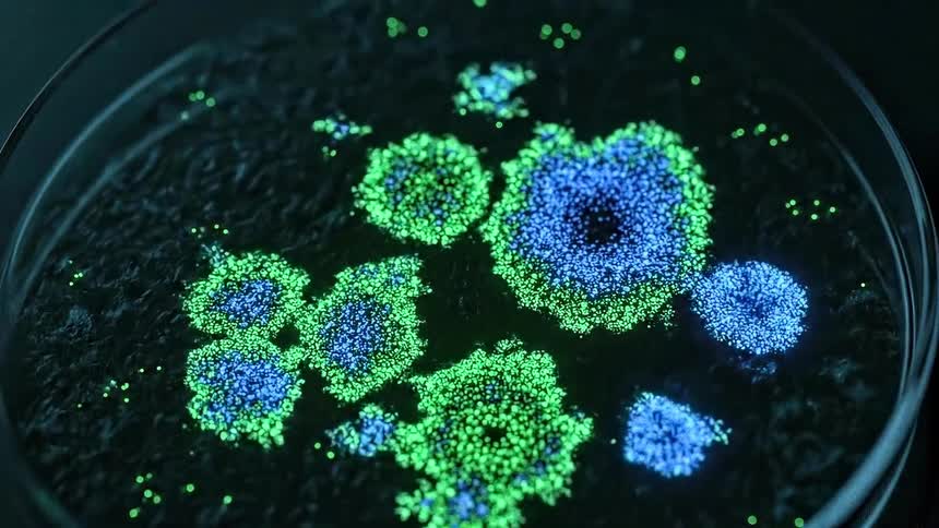 Glowing organisms form and multiply inside a petri dish under dark lighting