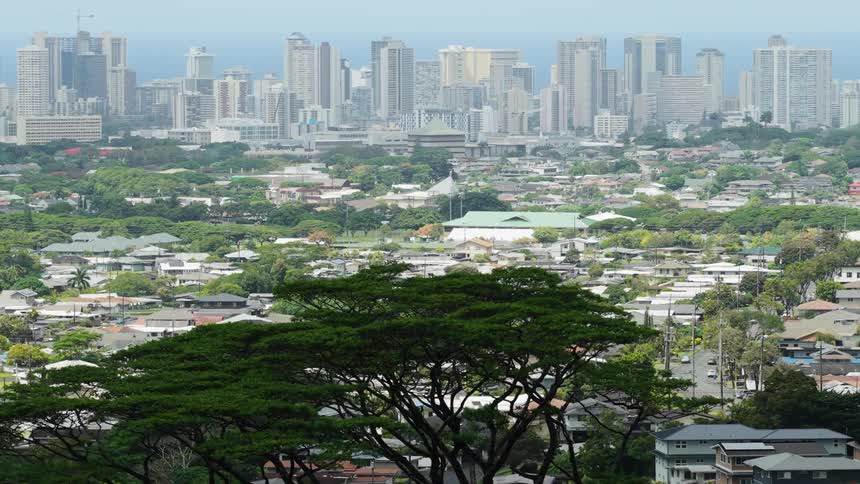 Aerial view of suburban neighborhood with city skyline