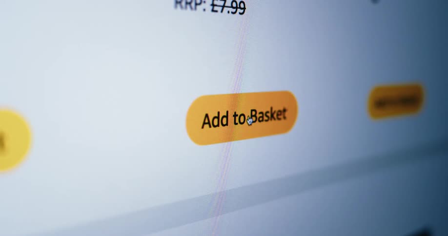 Computer screen showing purchase being made as cursor moves to and clicks the add to basket tab