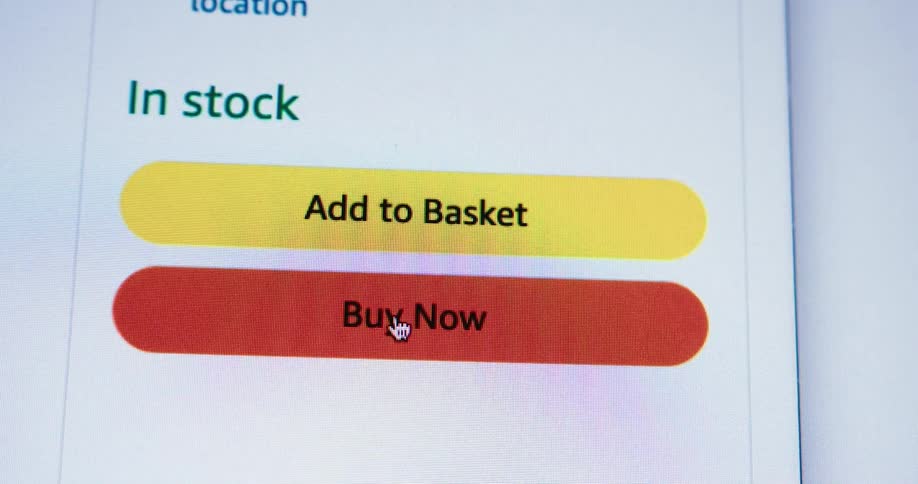 A cursor moves to click a buy now button situated below an add to basket button on a webpage