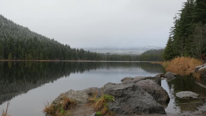 Lake surrounded by mountains and pine trees on a cloudy day