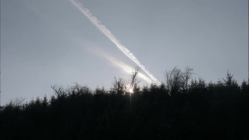 The video shows the sun rising behind a silhouette of a forest casting a bright lens flare as the sun gets higher an airplanes contrail stretches diagonally across the gray sky
