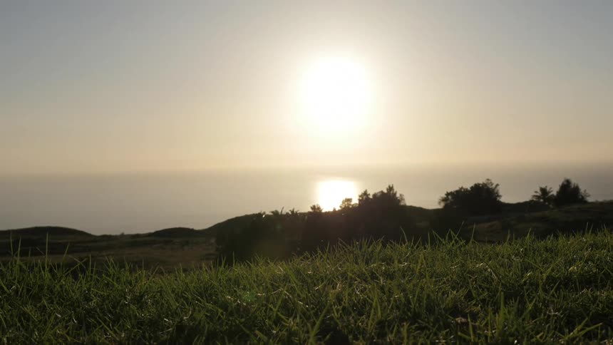 Sun sets on the horizon illuminating the sea and the silhouettes of trees