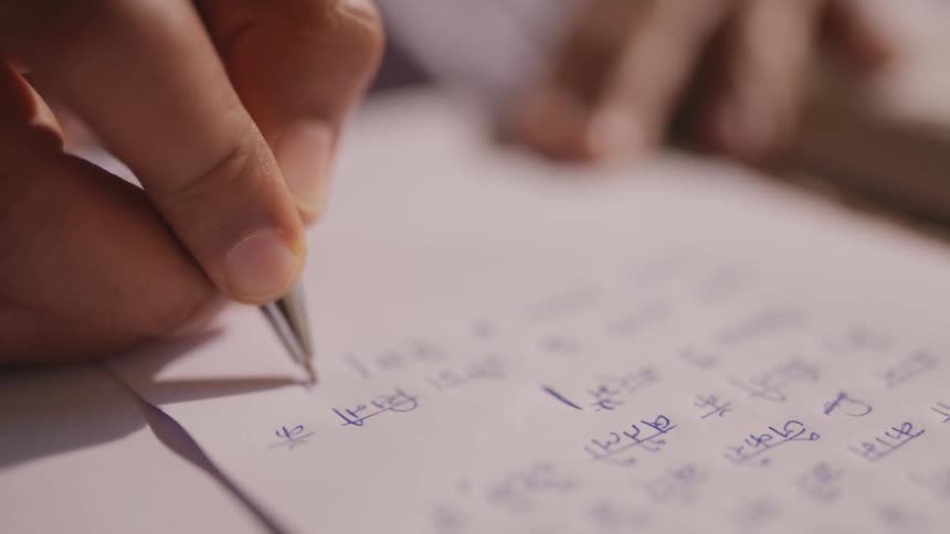 Hand holding a pen writes on a sheet with blue ink notes