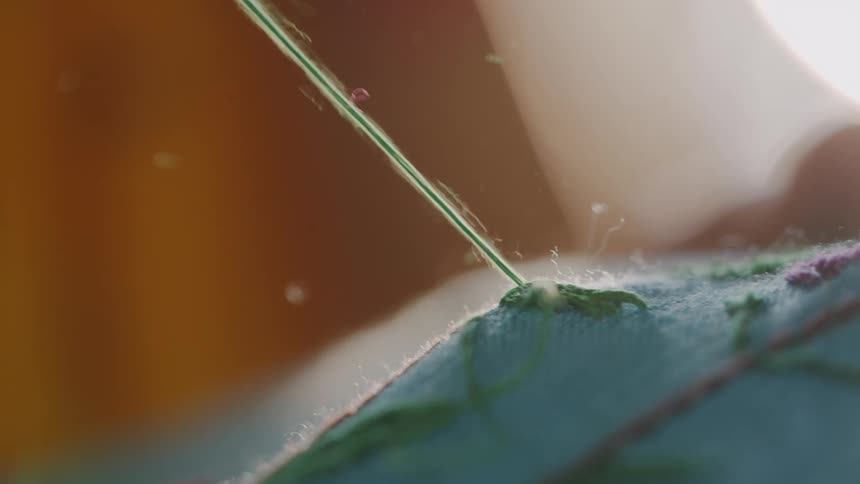 A close view shows a persons fingers holding a needle and green thread to sew a piece of blue fabric already embroidered with pink and green stitches
