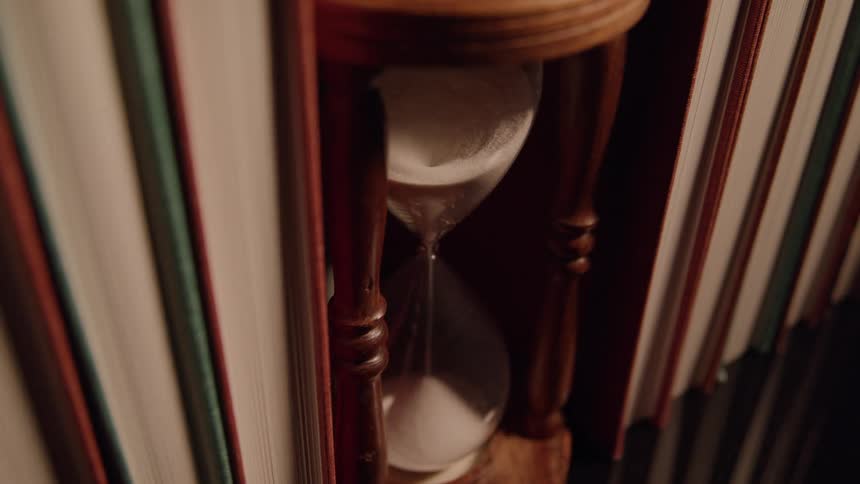 A timelapse shows sand quickly falling through an hourglass between books