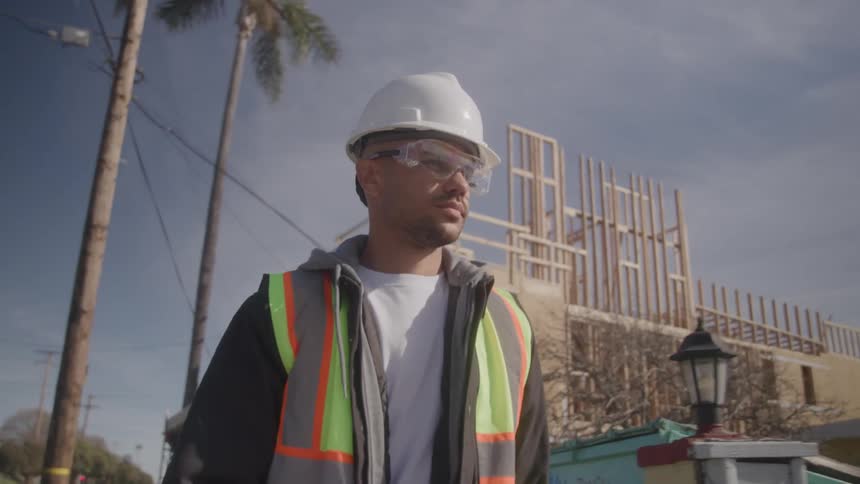 Based on the images from the video a man wearing a hard hat safety glasses and a reflective vest is standing outdoors at a construction site in the background there is a partially constructed wooden building frame