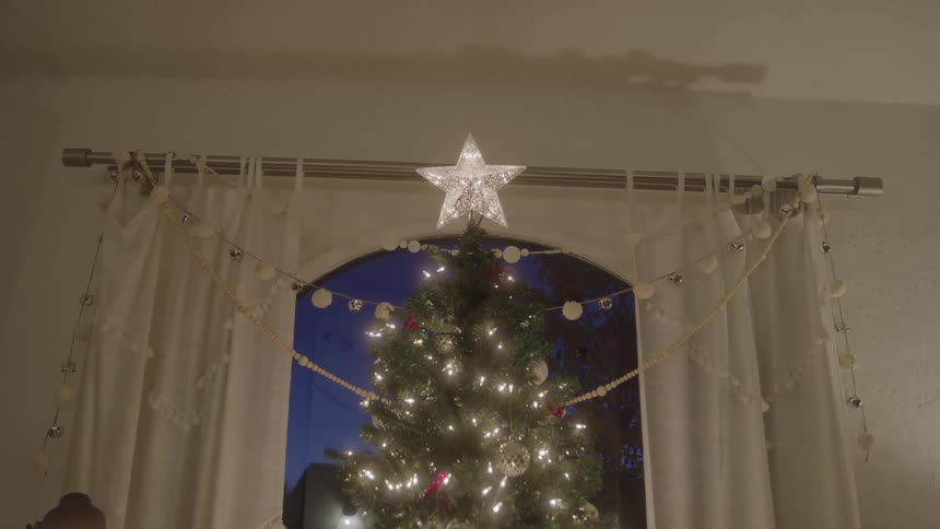 A decorated christmas tree lit by lights in front of a window at night