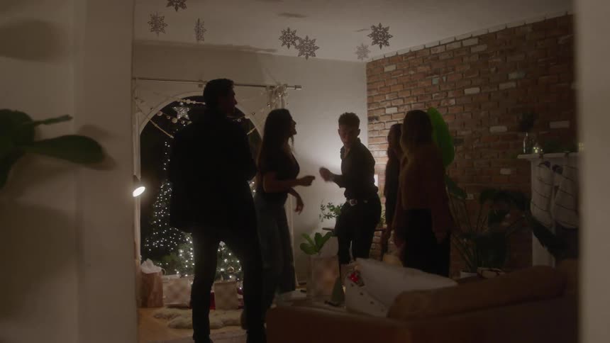 A group of friends dance and celebrate at a christmas party indoors