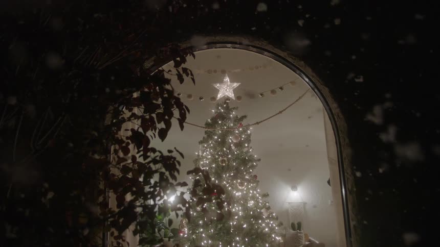 Snow falling in front of a window showing a tall fully decorated christmas tree