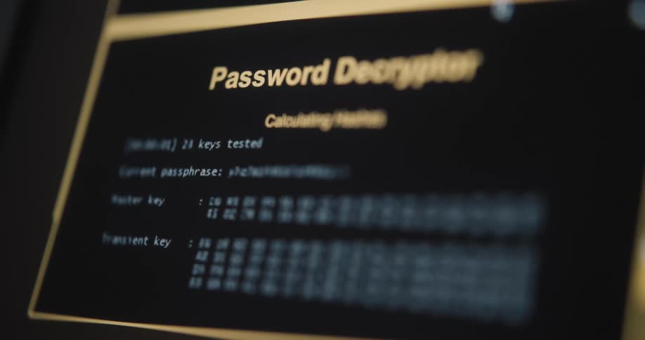 A computer screen shows a password being decrypted