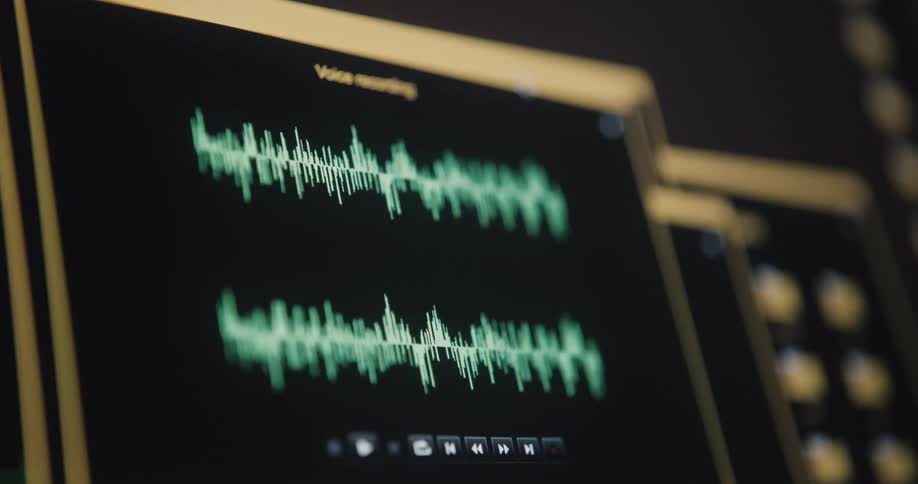 Green sound waves appear on a black screen during the playback of a voice recording