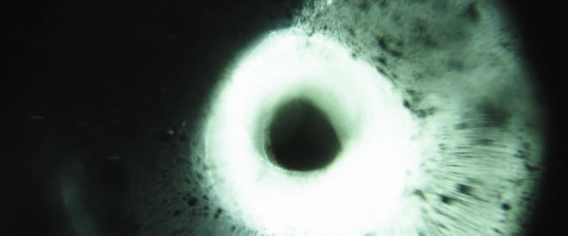 A circular pale green light with a dark center is shown on a black background with small specks of light scattered around its left side