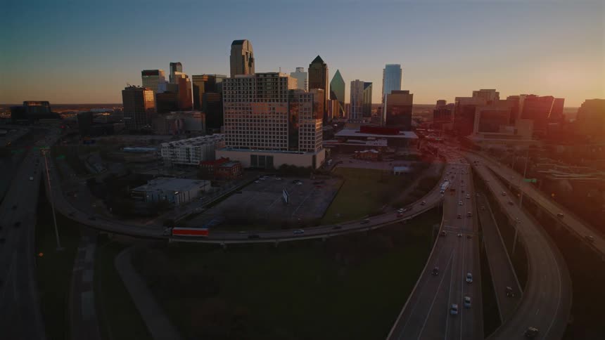 Traffic drives around and through the city
