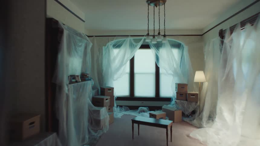 A house has boxes scattered and furniture covered in plastic
