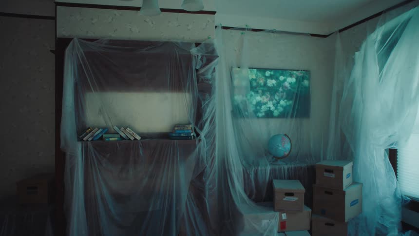 The room is packed up and covered with plastic