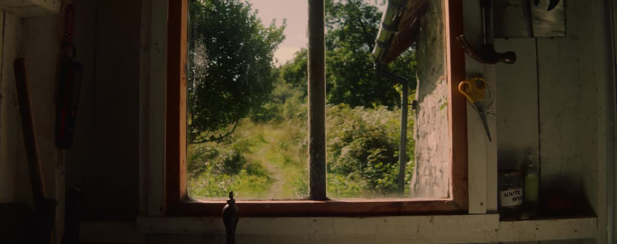 Window in old rustic house looks out onto a small winding path into tall grass and trees
