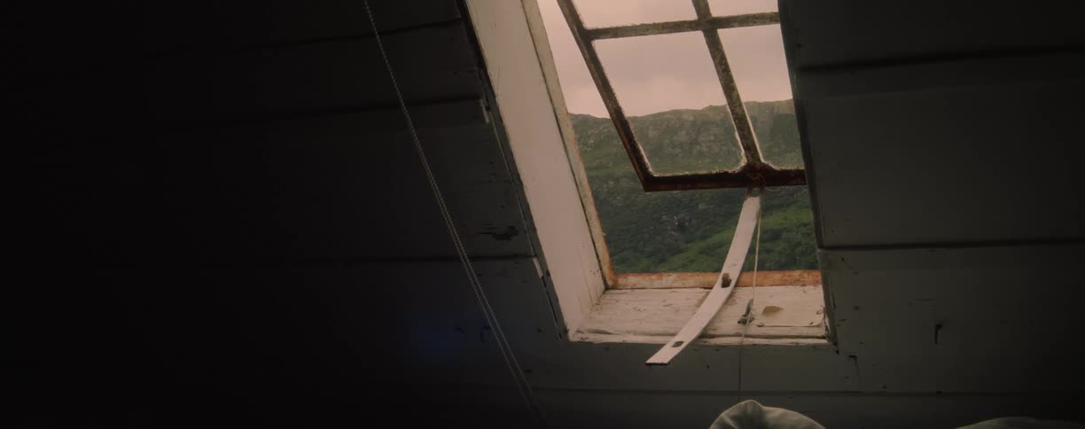 Through the open window is a green mountain