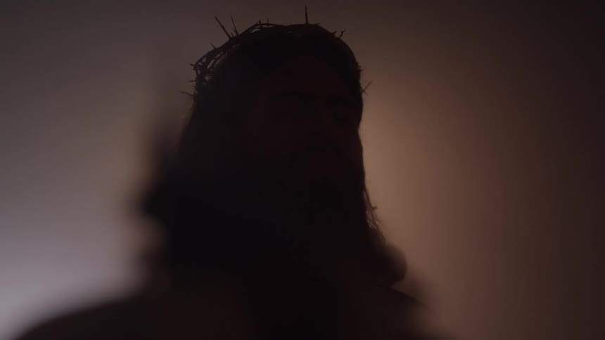 A shadowy silhouette of a person with long hair is wearing a crown of thorns on their head