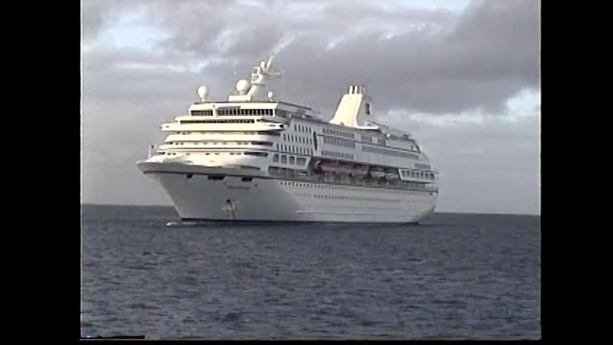 Large cruise ship sailing on calm ocean under cloudy sky