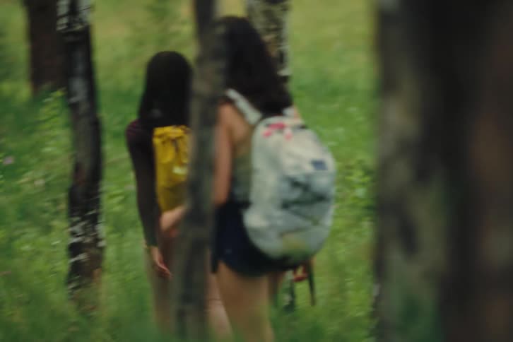 Friends with backpacks hike together in the forest