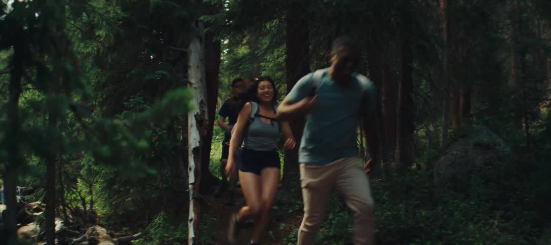 A group of four friends all wearing casual hiking clothes walking through a forest of tall green trees near a river