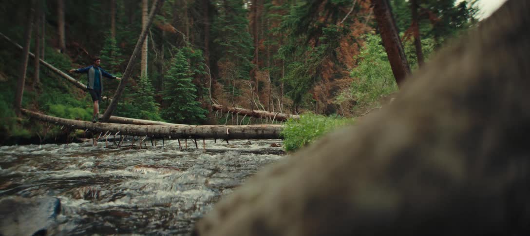 A man in a forest crossing a river by walking on a tree trunk