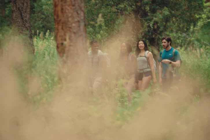 A group of friends is hiking through a lush green forest trail