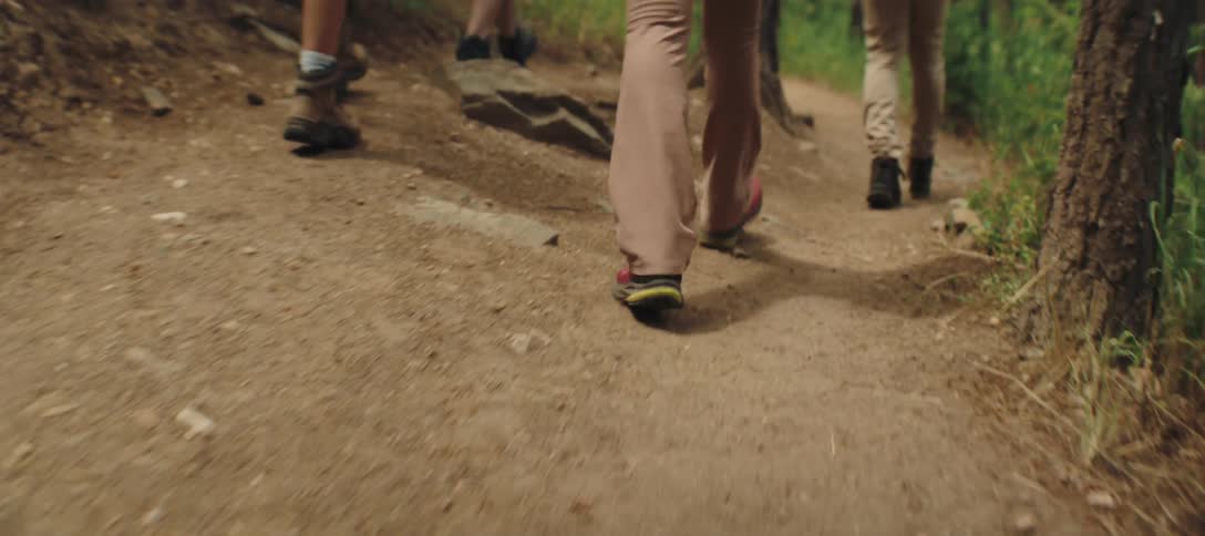 Small group ofpeople walking on a trail through the woods