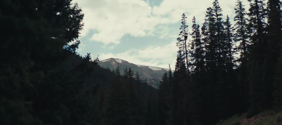 Forested mountains with a mountain in the distance under a cloudy sky